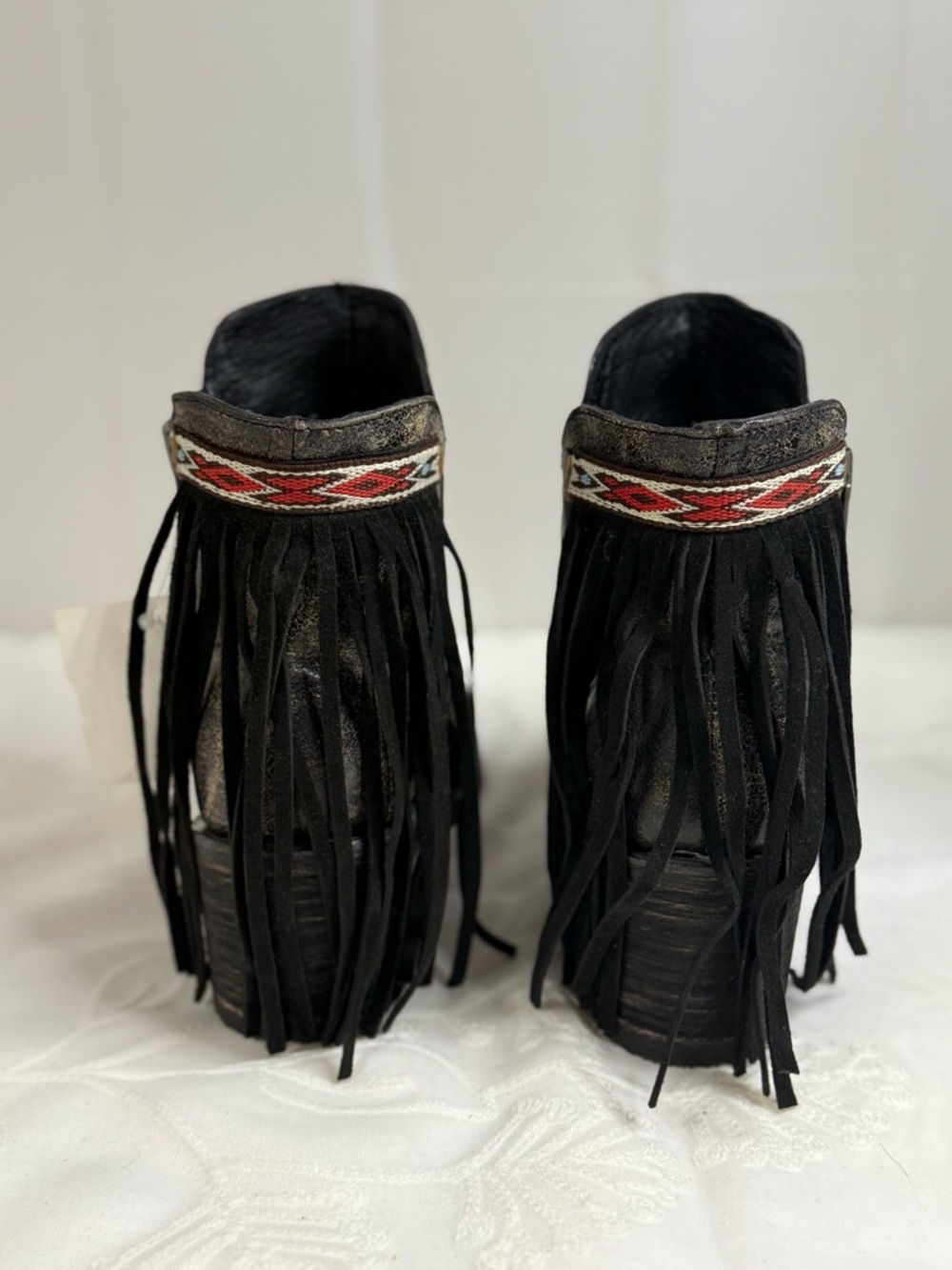 NWT Corral Distressed Black Fringe Ankle Boots with Southwestern Trim - Picture 3 of 11